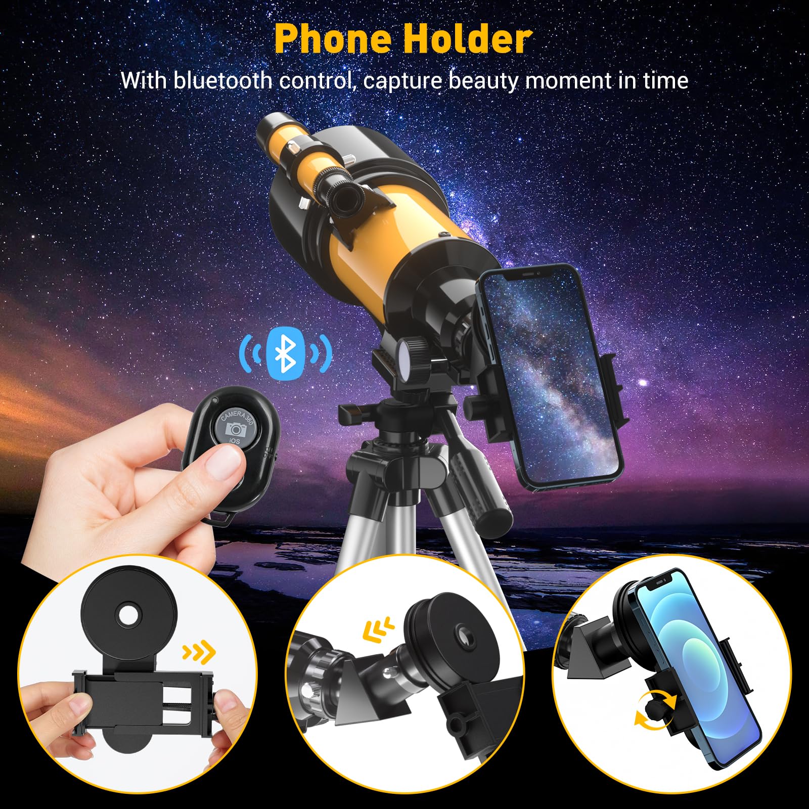 Télescope Astronomique Kit, 400mm/70mm Lunette HD 200X Astronomique Réfracteur, avec Adaptateur de Téléphone Trépied Ajustable et Chercheur pour Débutants, Enfants et Amateurs pour Observer la Lune