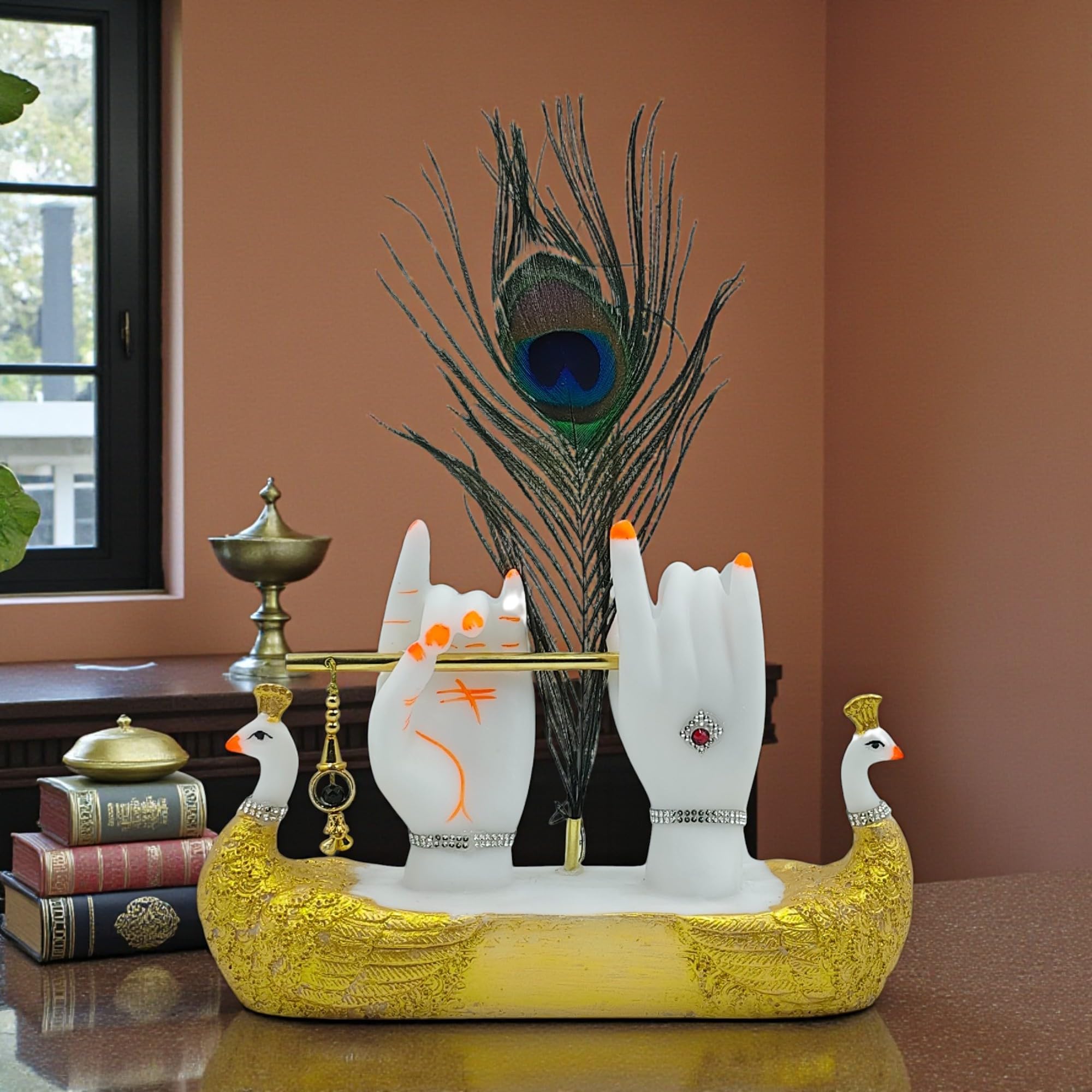 THE SACRED GIFTS Krishna Hand Showpiece with Flute – Decorative Home Décor Figurine for Living Room, Pooja Room, Office Desk, and Gift
