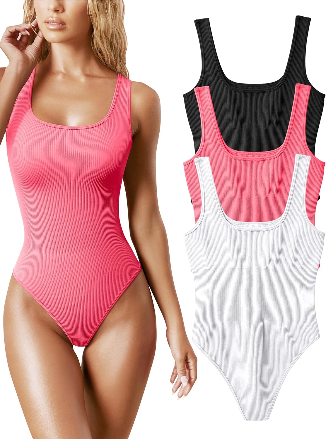 OQQ Women's 3 Piece Bodysuits Sexy Ribbed Sleeveless Square Neck Tank Tops Leotard 2025 Trendy Outfits