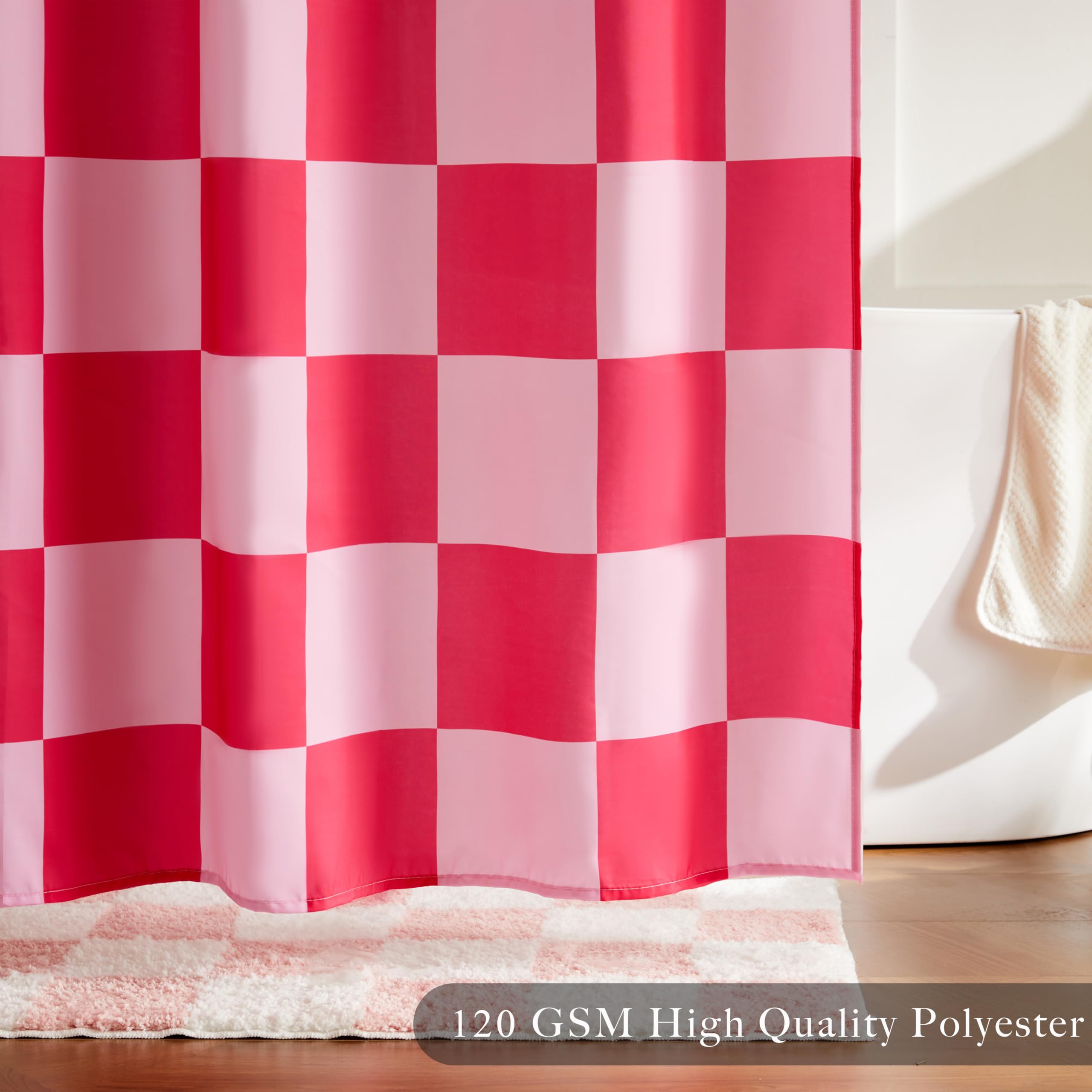 Cortina De Ducha A Cuadros Rosa - 182 X 182 Cm - Tela De Poliéster Lavable, Estilo Retro Vintage