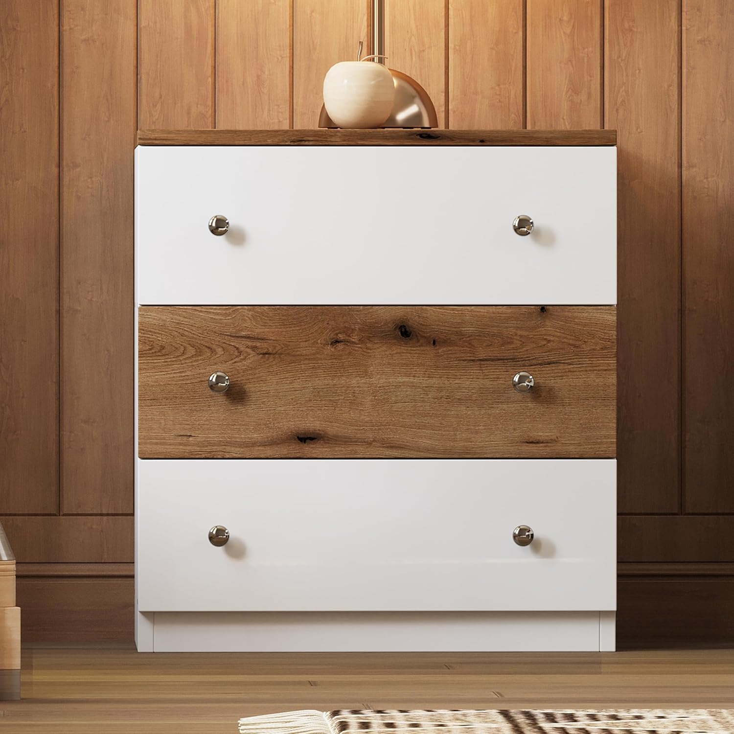 3-Drawer Nightstand with Colorblock Design and Plastic Handle, Wooden Nightstand Bedside Tables Side Table with Storage Cabinet for Bedroom (White+Brown-4)
