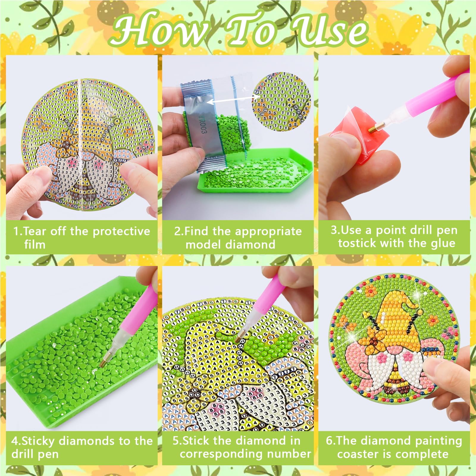 Lavender Gnome Diamond Art Coaster Kit - 8 PCS DIY Diamond Painting Coasters With Holder, Cute Gnome Floral Design