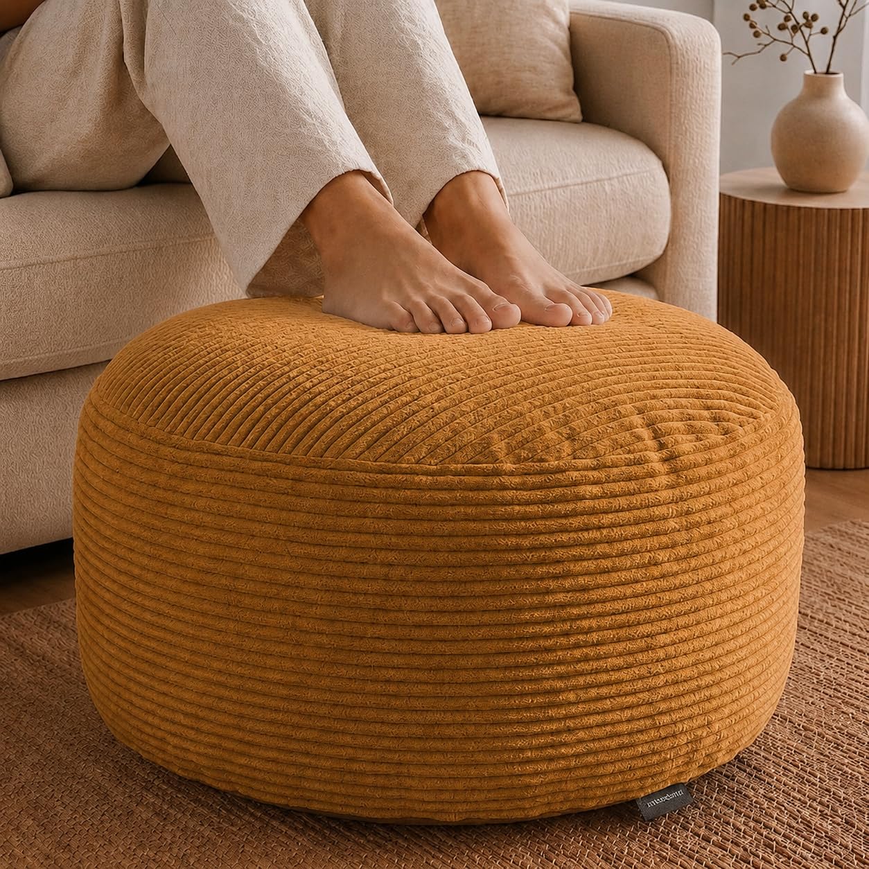 Stuffed Pouf Ottoman,Corduroy Foot Rest,Caramel Brown,28 Inch