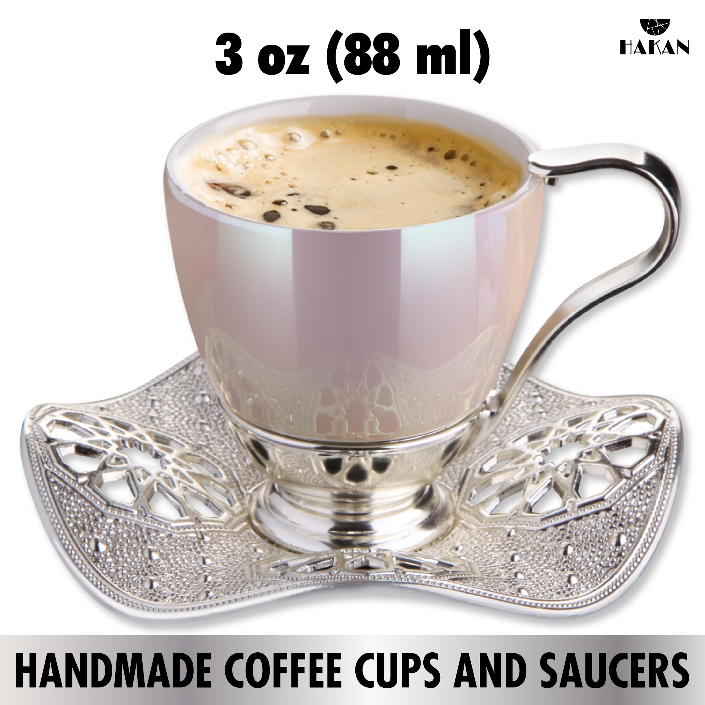 Nisa Turkish Coffee Cup Set for 6 People 3 oz Small Porcelain Mugs with Silver Metal Handles and Wavy Saucers Fancy Espresso Greek Arabic Coffee Cup Set, Pearl and Silver, 18 Pcs, 88 cc