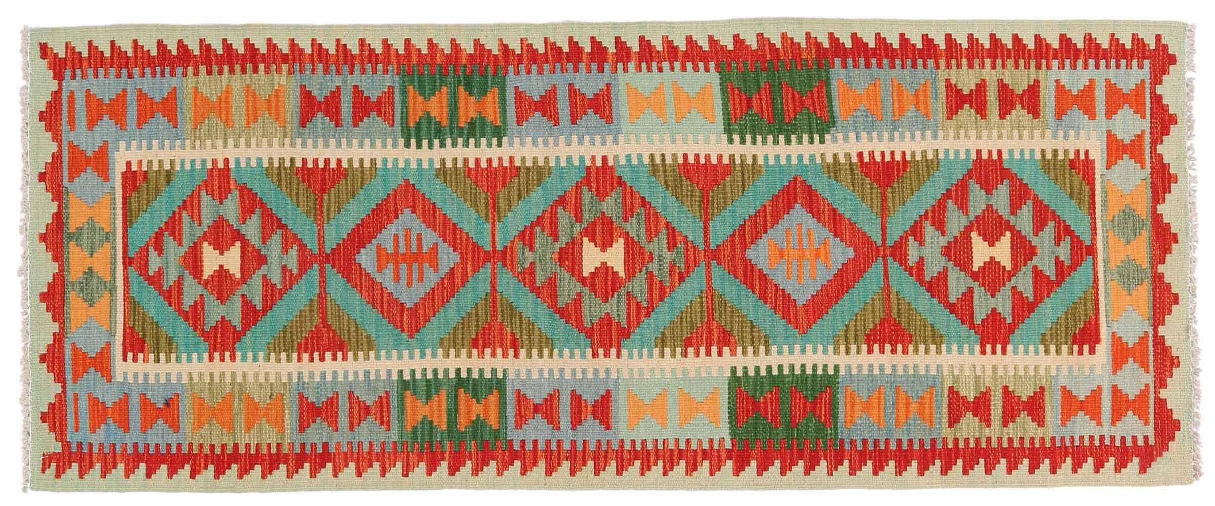 Tapis Kelim Afghan Maimana tissé main multicolore géométrique 70x190 cm
