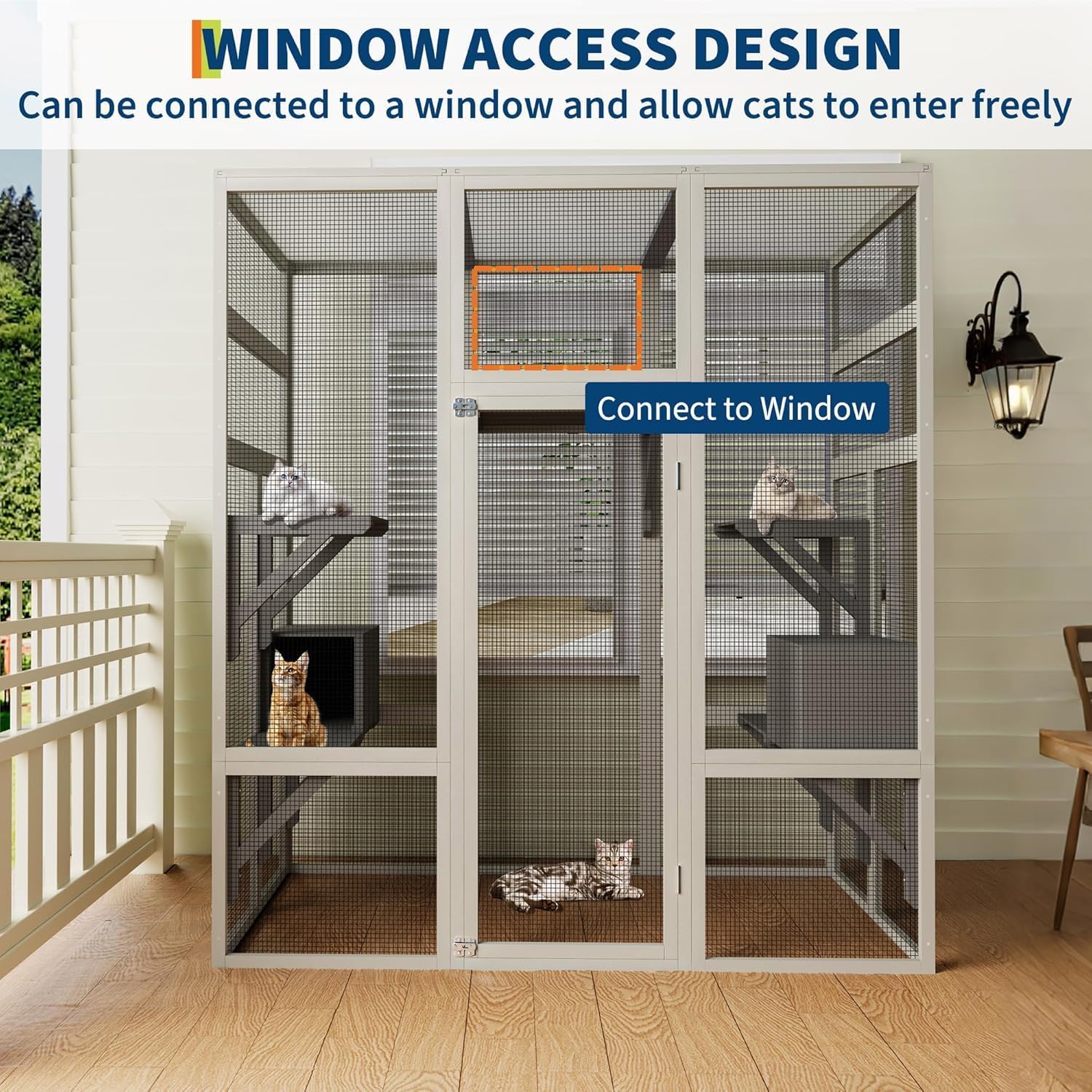 The catio connected to a house window, showing cats accessing it from indoors.
