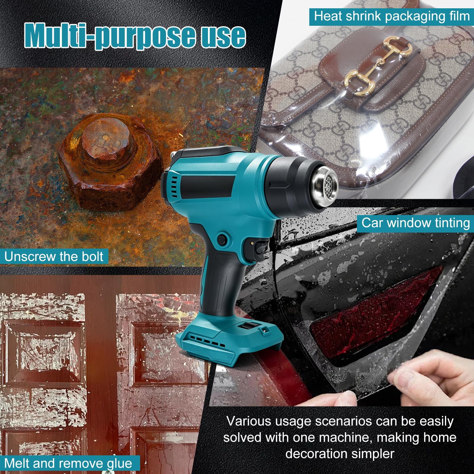 Pistola de aire caliente con batería para 18 V, 50 – 550 °C, ventilador de aire caliente inalámbrico con pantalla LCD y 4 boquillas de acero inoxidable, temperatura ajustable y control de aire
