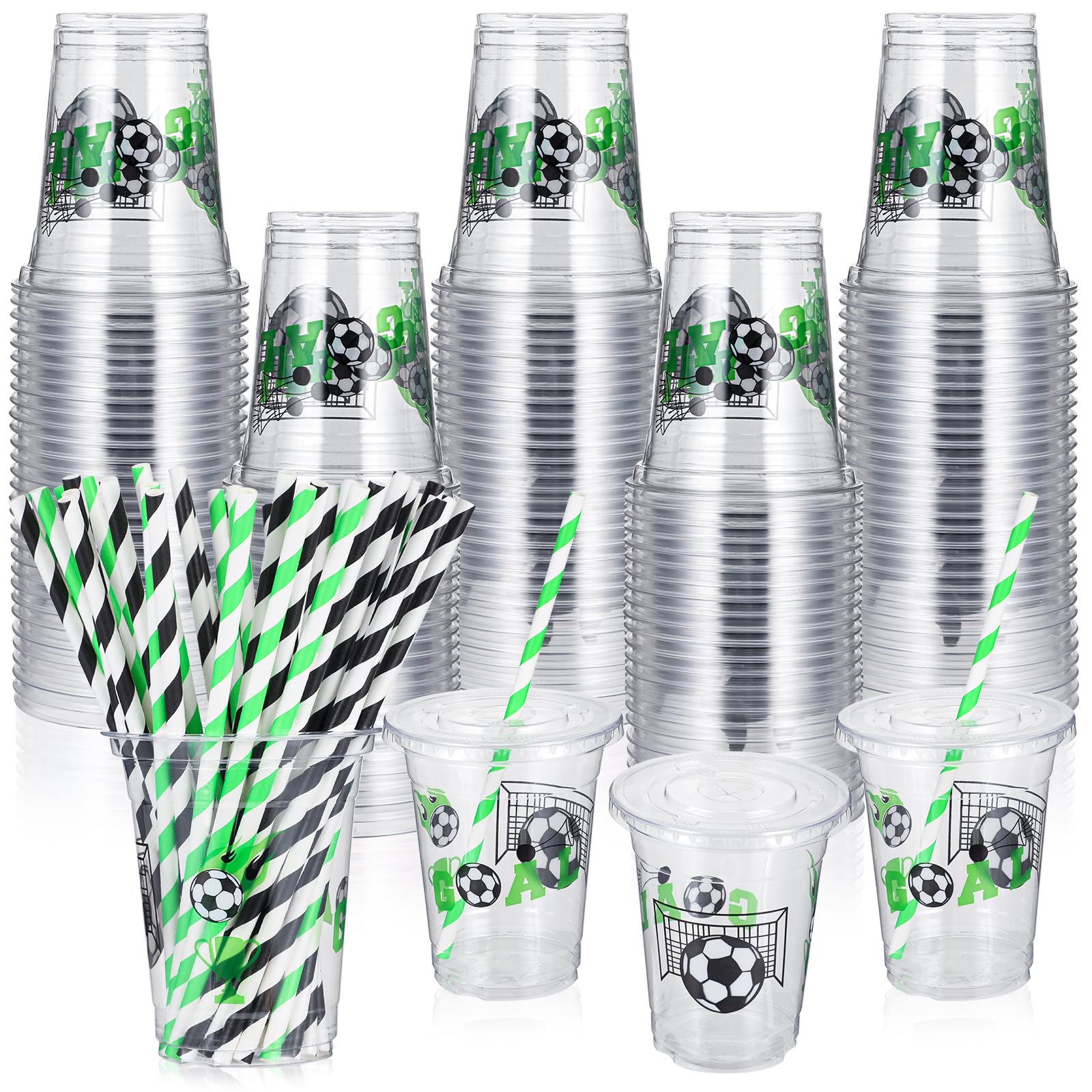 120 Sets Soccer Party Supplies Bulk 12oz Thick Disposable Cups Plastic Soccer Cups with Lids and Straws for Soccer Events Sports Birthday Party Favors Soccer Tableware Decorations