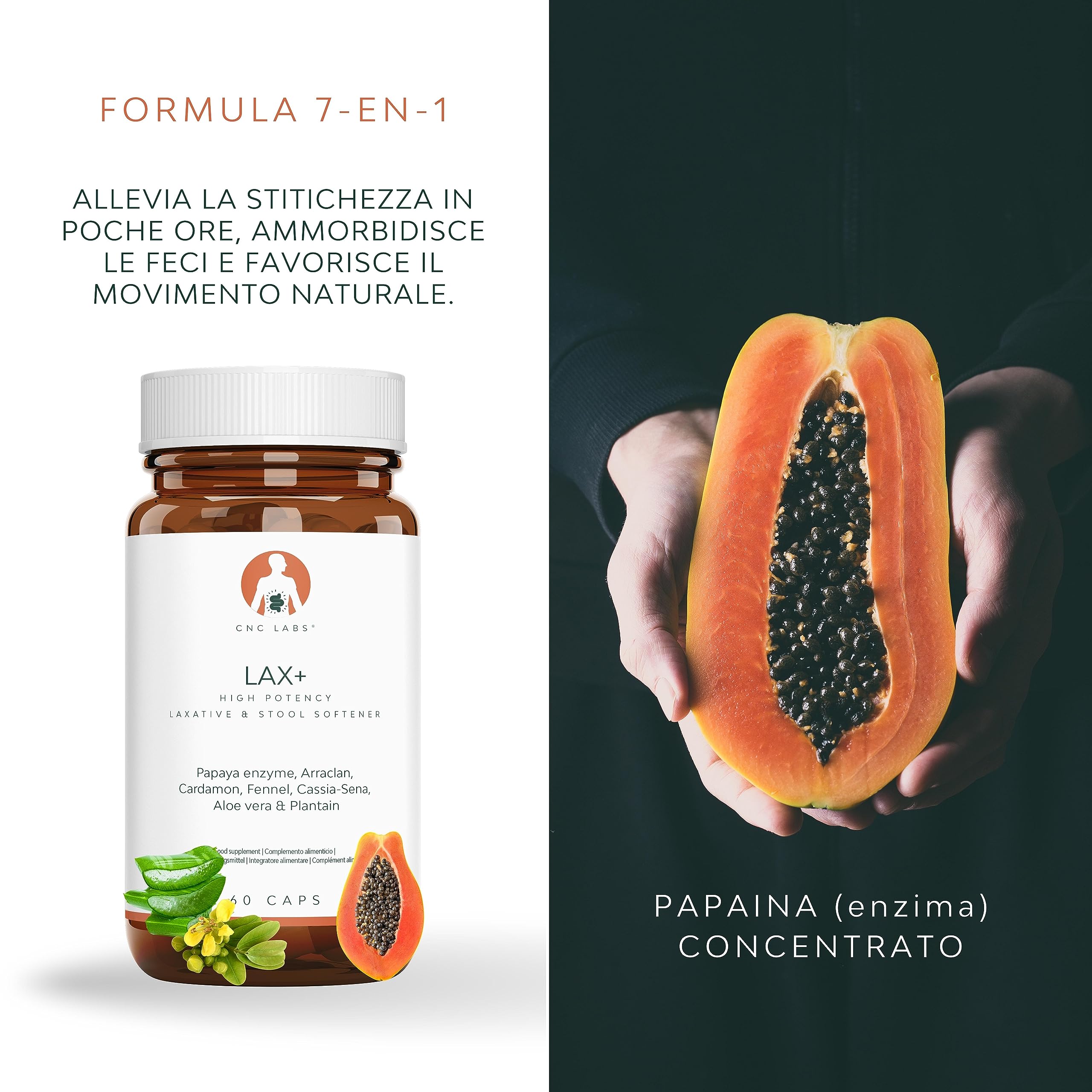 LAX+ Integratore Alimentare 2x Bottiglie con Senna, Papaya, Finocchio, Aloe e Piantaggine – 120 Capsule