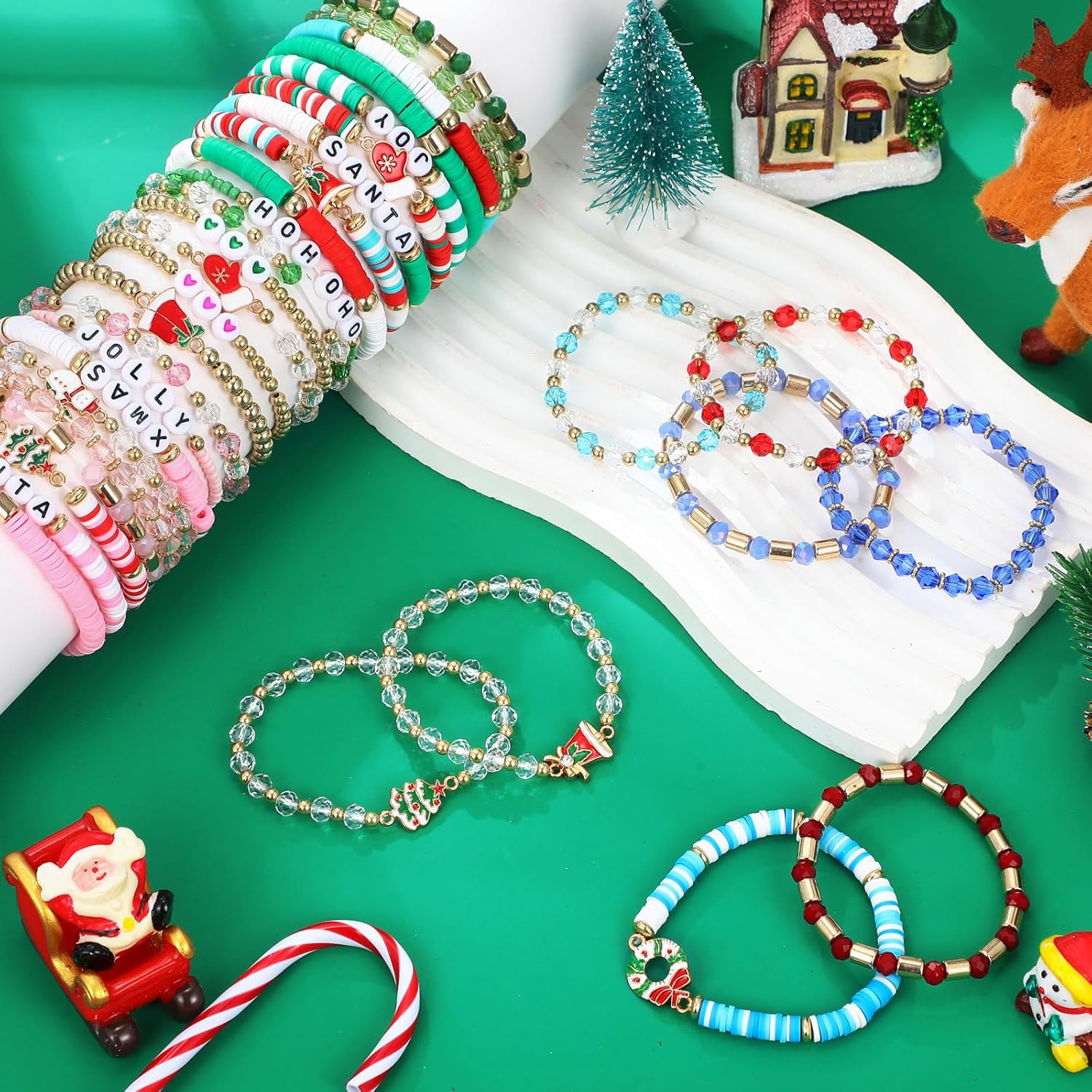 Landical 40 Pcs Christmas Bracelets Surfer Heishi Bracelets Set Colourful Stretch Bracelets Christmas Bracelets Christmas Party Supplies - Image 6