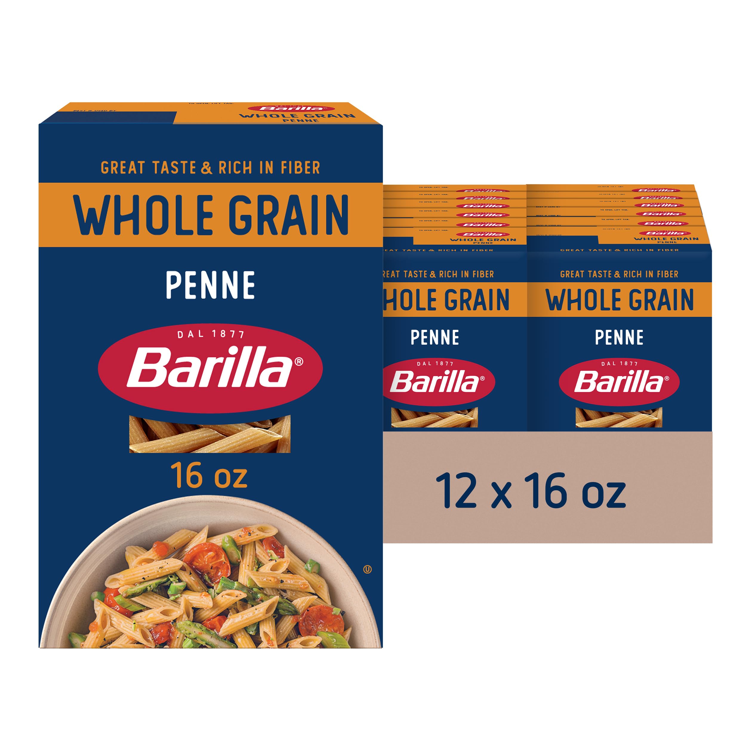 Whole Grain Penne Pasta, 16 oz. Box (Pack of 12) - Non-GMO, Made With 100% Whole Grain Durum Wheat - Great Source of Fiber