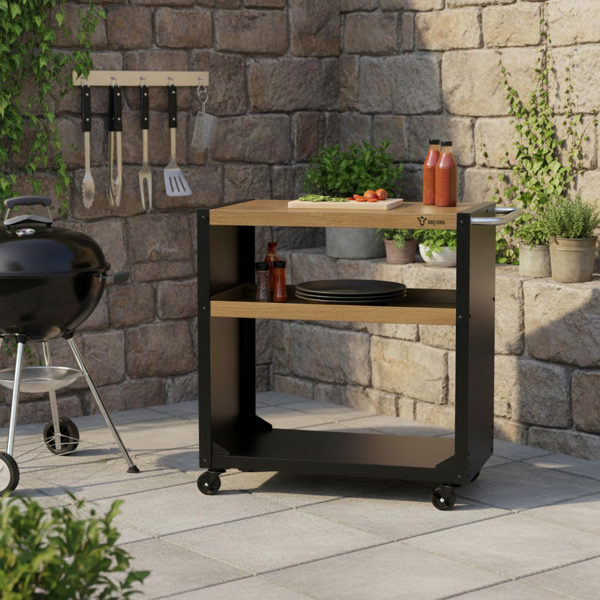 BBQ-Toro Carro de barbacoa 95 x 50 x 90 cm, Mueble con Ruedas | negro con aspecto de madera | mesa de barbacoa con gran superficie de trabajo | mesa auxiliar para barbacoa al aire libre