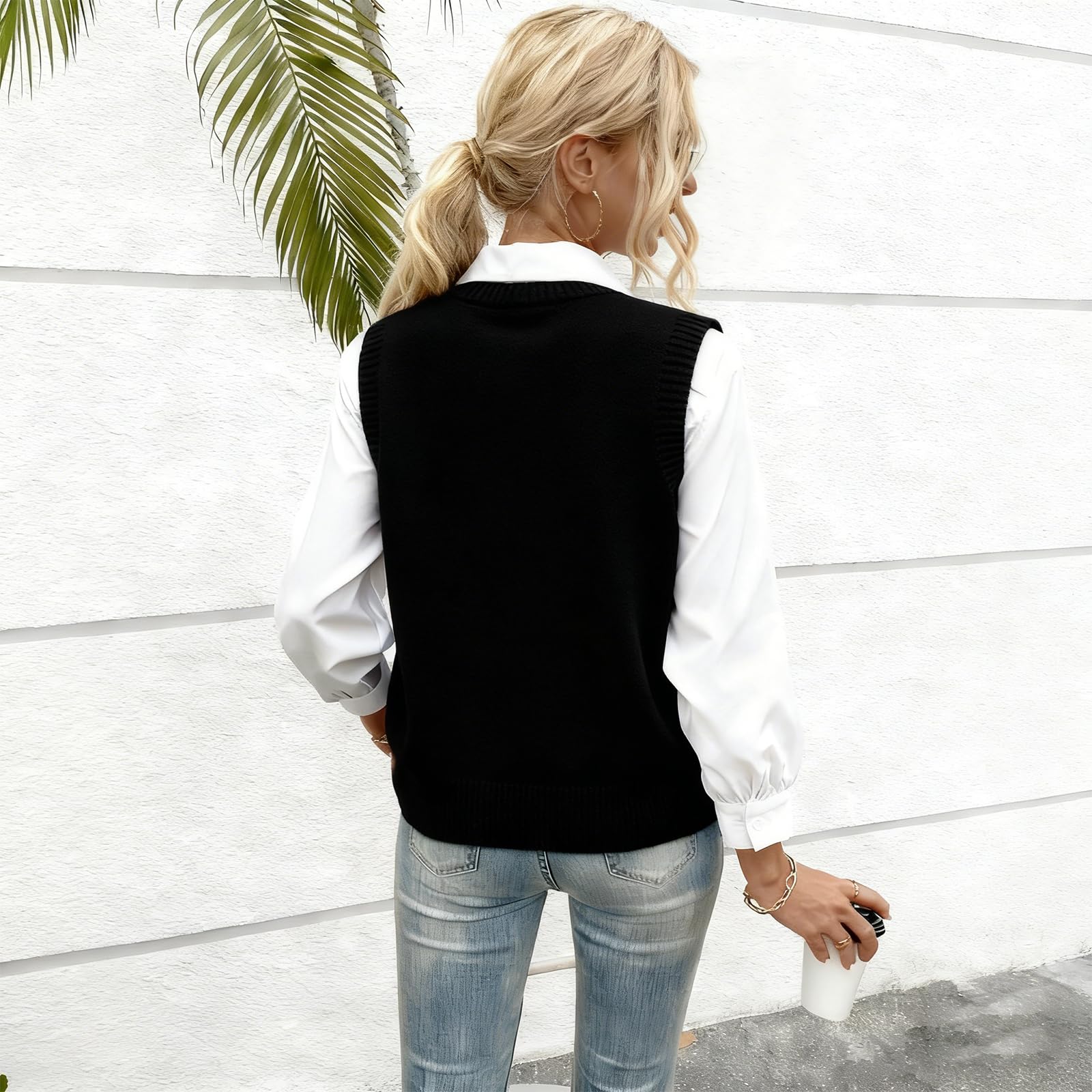 Maglione da donna, elegante, scollo a V, nero, senza maniche, bianco, alla moda autunnale Academia, maglione invernale