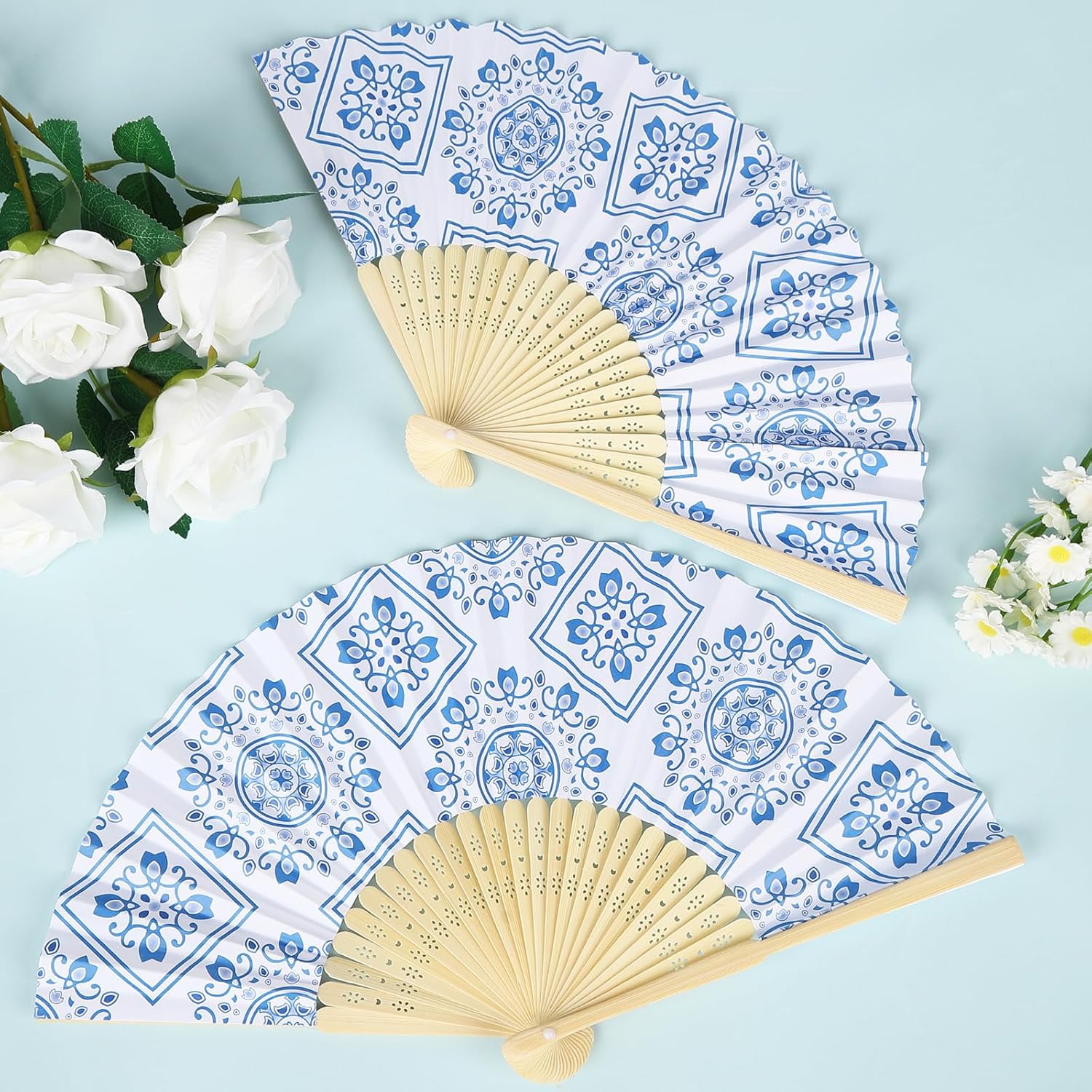 50pcs Blue Floral Hand Fan Paper Fans Handheld Bulk Fan for Wedding Guest for Wedding Fans for Guests Bridal Shower Wedding Bridesmaid Thank You Gift Decorations