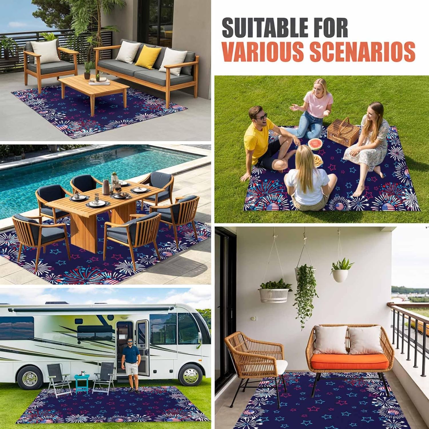 4th of July Outdoor Rug 4x6 ft Patriotic Stars America Flag Outdoor Large Area Rug Non Slip Firework Blue Front Door Mat RV Camping Carpet Patio Outdoor Rugs for Backyard Balcony Indoor