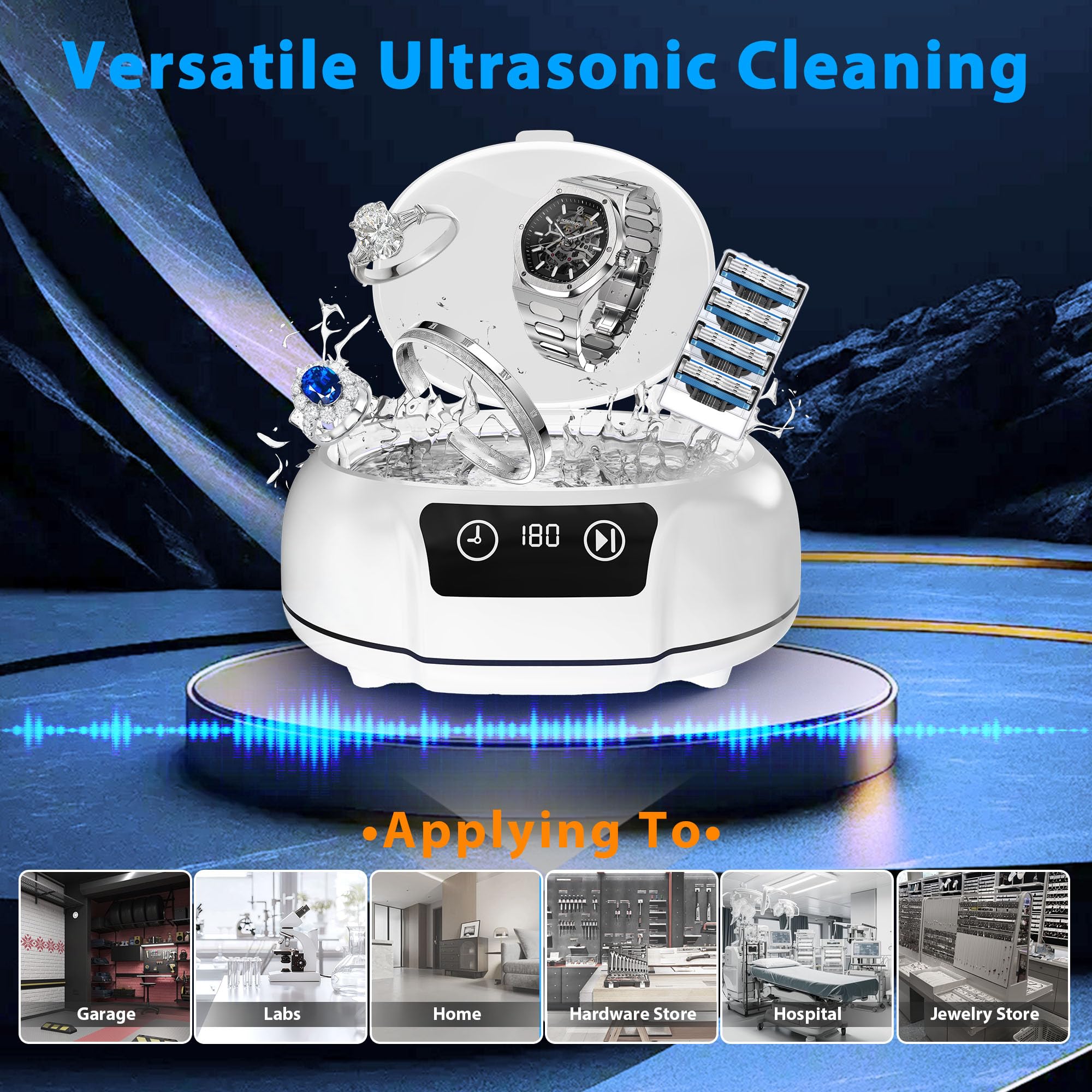 Pulitore ad ultrasuoni a ultrasuoni, 48 kHz, 700 ml, portatile, per apparecchi acustici, paradenti, allineatori, spazzolini da denti, occhiali, gioielli (bianco)