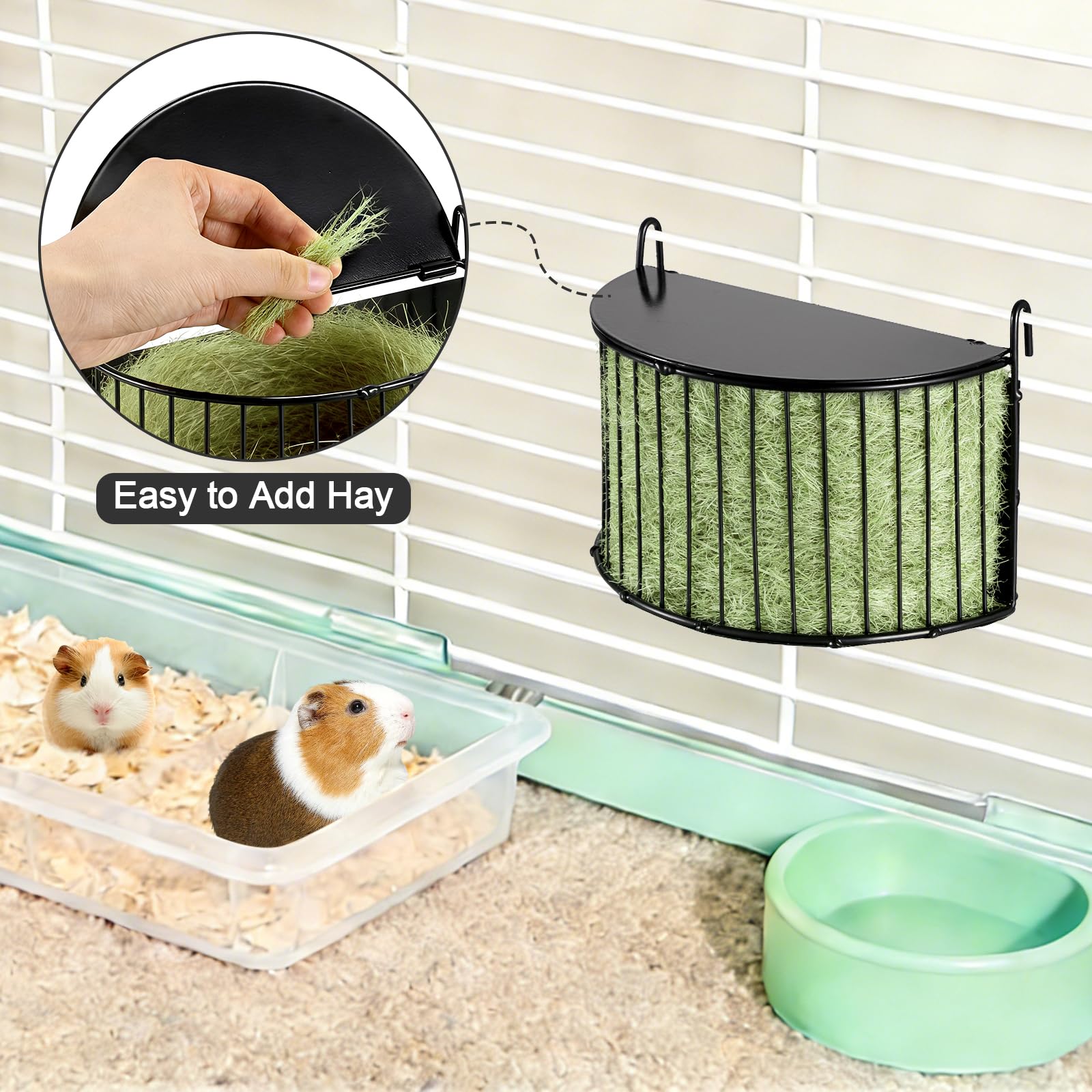 Upgraded Hay Rack for Rabbits, Bunny Feeder for Guinea Pigs Chinchillas, Black, Hanging Hay Feeder with Lid, Bunny Feeding Holder, Metal, Semicircular, Chinchilla Cage Accessories - image 4