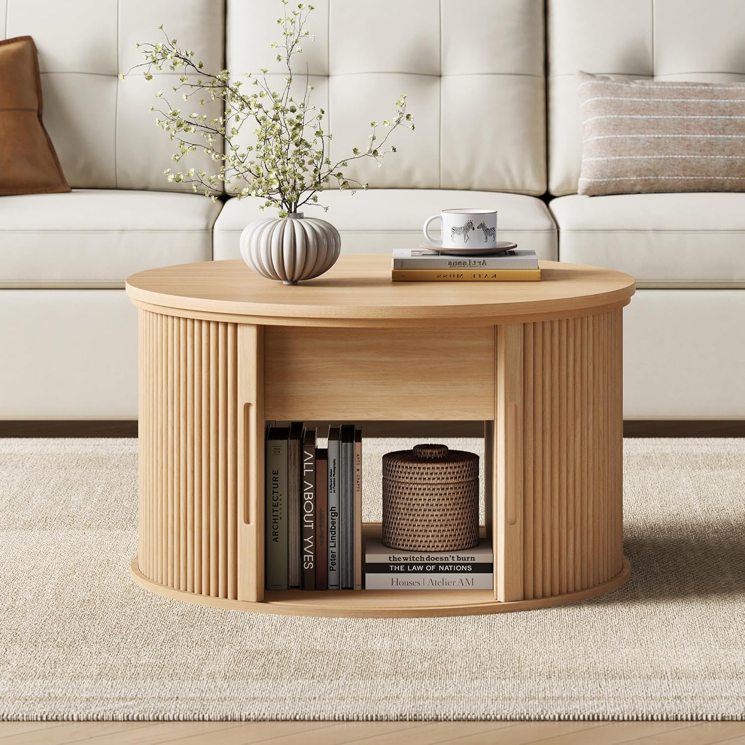 LINSY Lift Top Coffee Table, Round Fluted Coffee Table with Storage, Boho Wooden Coffee Tables with Sliding Tambour Door, 31.5" Center Table for Living Room, Office, Small Space, Natural Oak