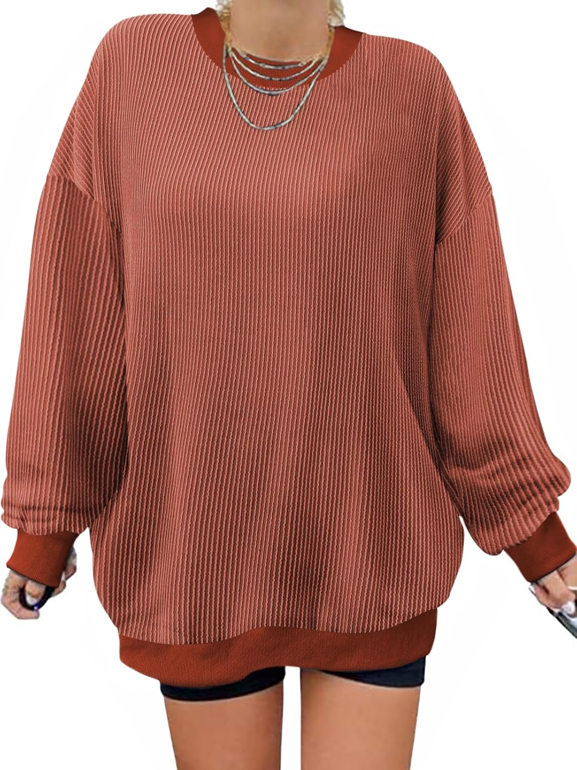 MK Shop Limited Oversized Crewneck Sweatshirts Women Fall Outfits Long Sleeve Knitted Ribbed Lightweight Loose Fit Tunic