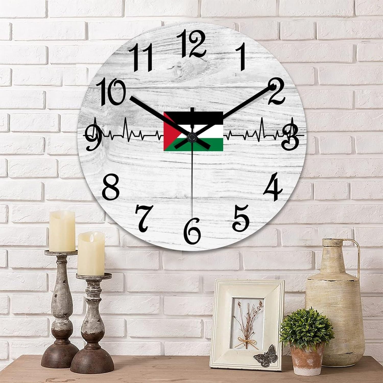 Palestinian Flag Heartbeat Wall Clock Palestinian Wooden Wall Clocks Battery Operated 12 Inch Non-Ticking Retro Cabin Wall Decor for Kitchen Bedroom Living Room Office, Style-4, slwcuvgyue6x