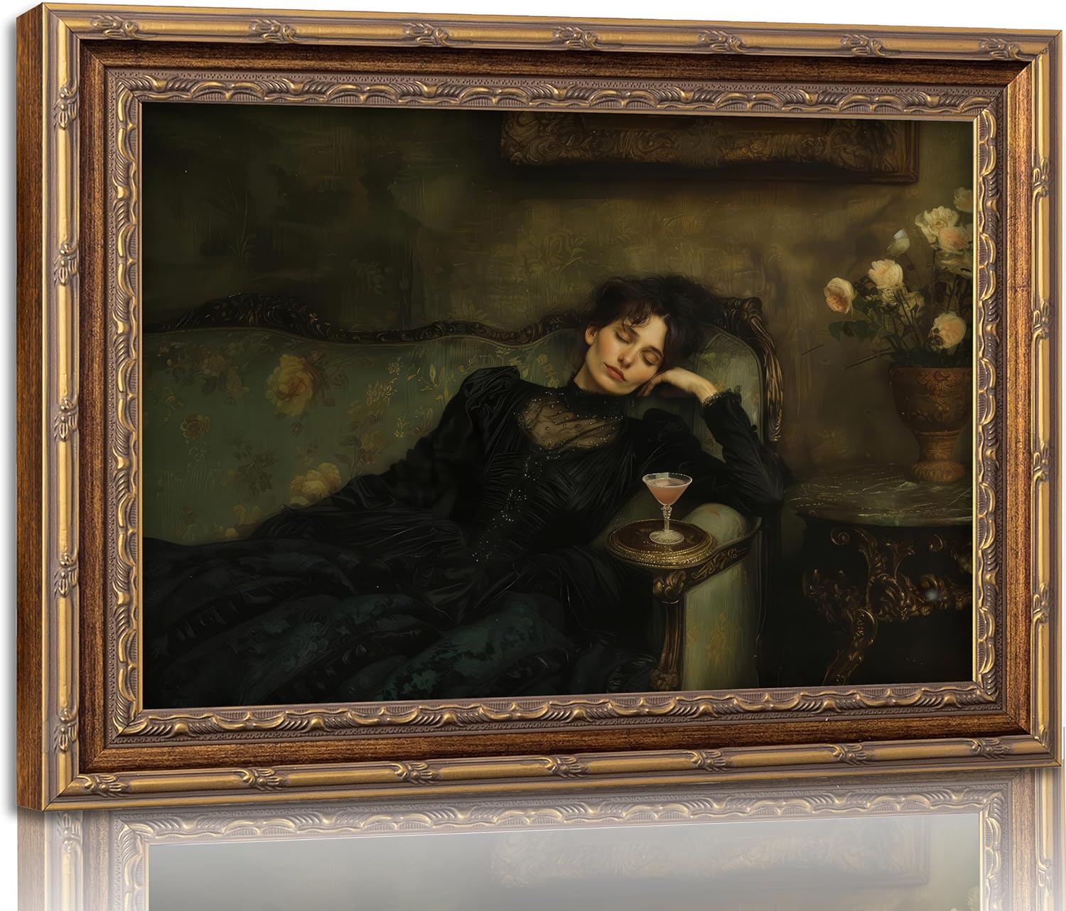 Vintage Gold Framed Woman Martini Wall Art, Funky Victorian Woman Wall Decor, Classical Elegant Feminine Lying on Couch Paintings,Dark Academia Poster Prints Artwork for Bar Kitchen Bedroom 9x11
