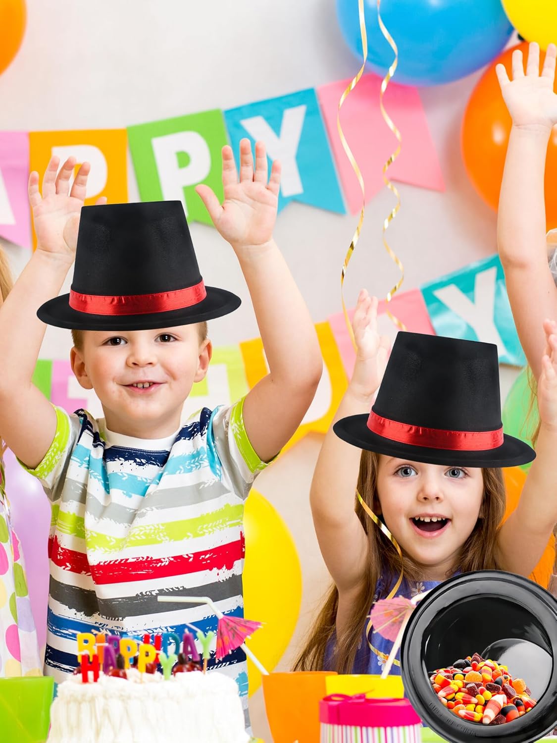 12 Pack Kids Plastic Top Hats Black Top Hat with Red Band Glitter Magician Party Hat High Top Hat for Halloween - Image 7