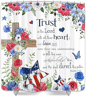 DYNH Bible Flower Shower Curtain,Trust in The Lord Motivational Words Christian Scripture Cross Bathtub Curtain,Country Farm Watercolor Butterfly Abstract Bathroom Decor,White,69X70 in