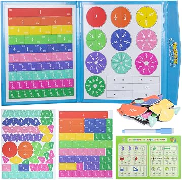Magnetic Fraction Educational Puzzle with Fraction Tiles & Circles, Math Manipulatives Montessori Learning Toys to Help Kids Learn Fractions and Build Early Math Skills Blue