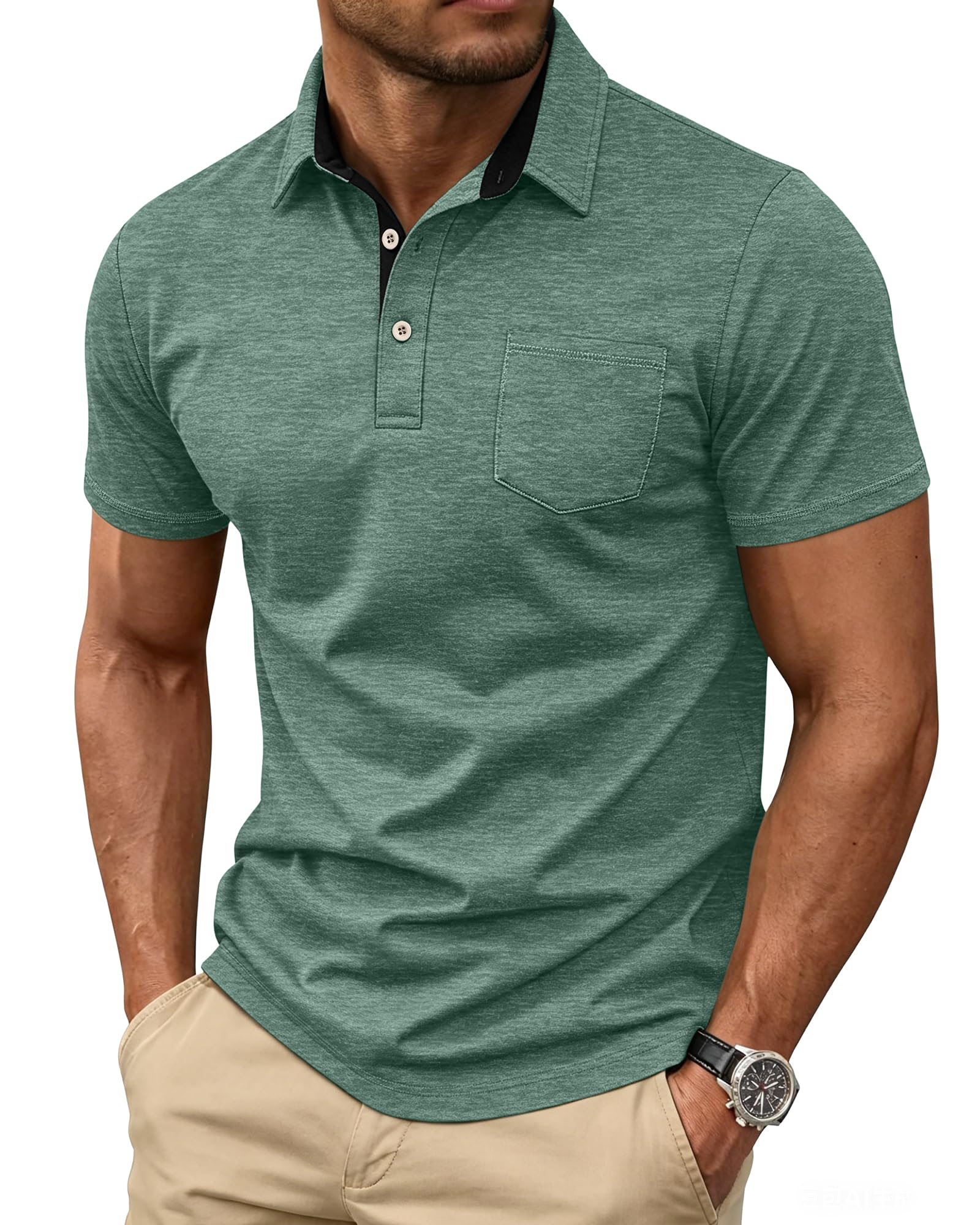 Mens Short Sleeve Polo Shirts Collared Business Casual Polo T Shirts with Pocket