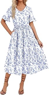 Women's Summer Dresses Midi Tiered Casual Dress Floral V Neck Ruffle Short Sleeve Flowy Beach Dress with Pockets
