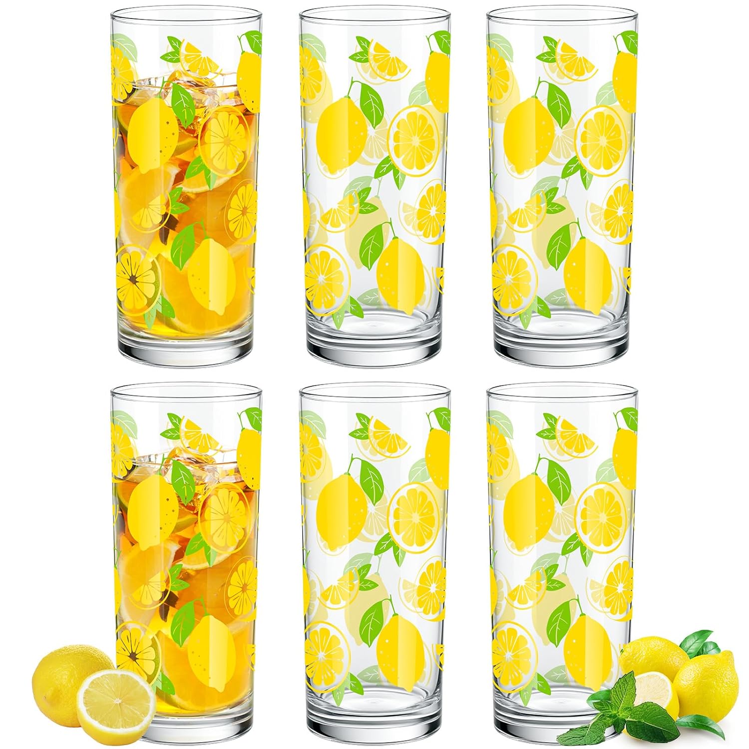LemonRoad 6 Packs Lemon Pattern Highball Glasses 10 oz Tall Lemon Drinking Glasses Summer Drinkware or Iced Tea