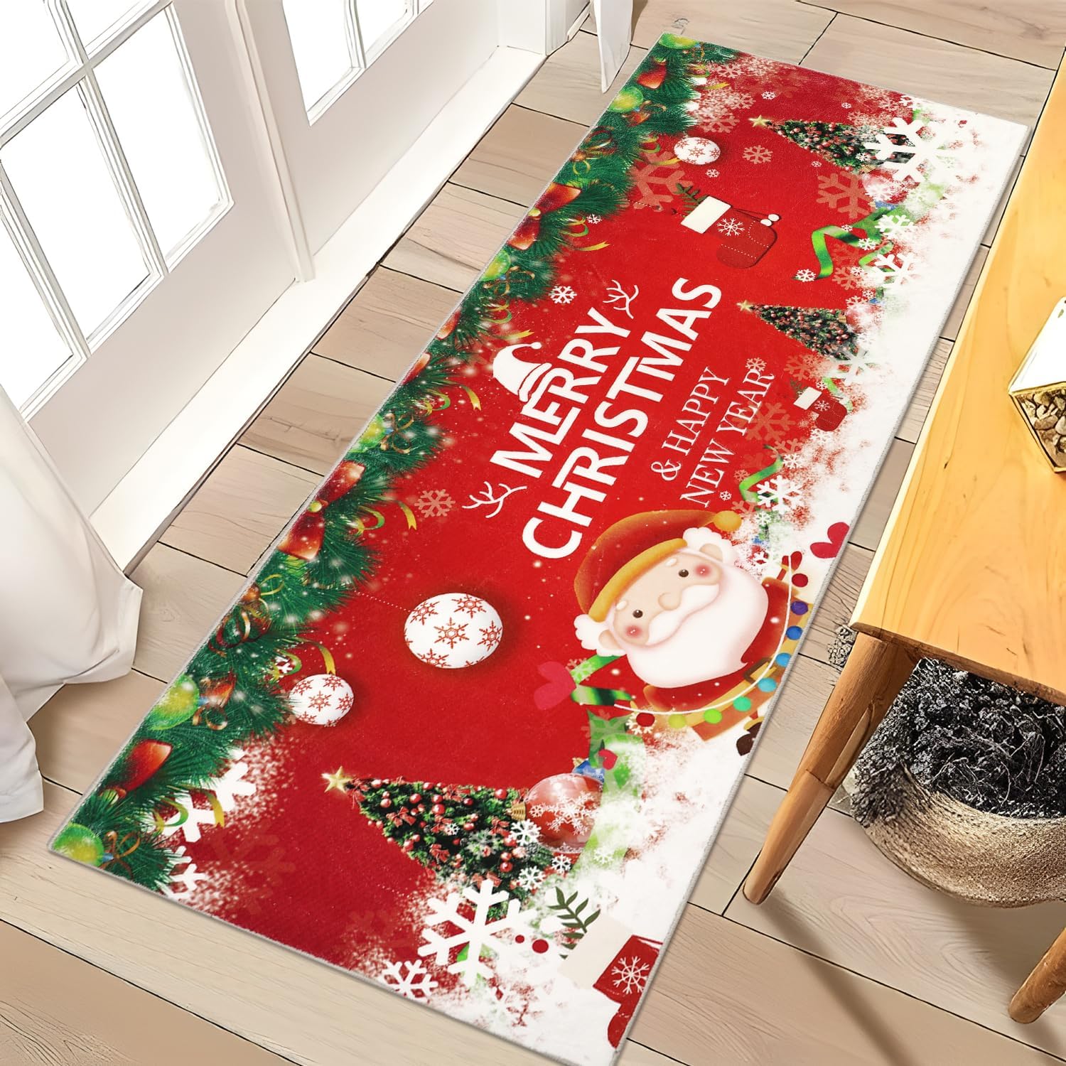 FalflorSanta Claus Area Rug for Hallway Indoor Non Slip Runner Rug Xmas Hallway Runner Rug for Winter Seasonal Area Rug for Hallway Bedroom Living Room Kitchen Entryway