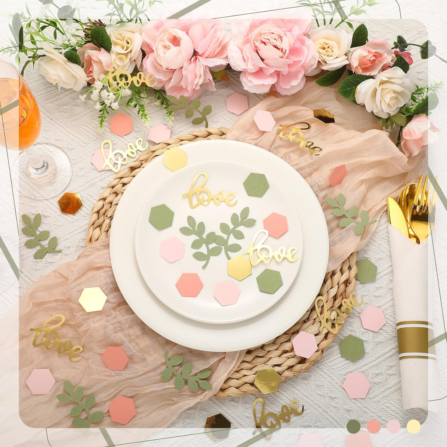 500 Pcs Greenery Wedding Table Confetti, Boho Love Theme Table Scatter, Bridal Shower Decorations for Sage Nature Engagement Wedding Birthday Party(Gold, Tea Green, Light Pink, Crimson)