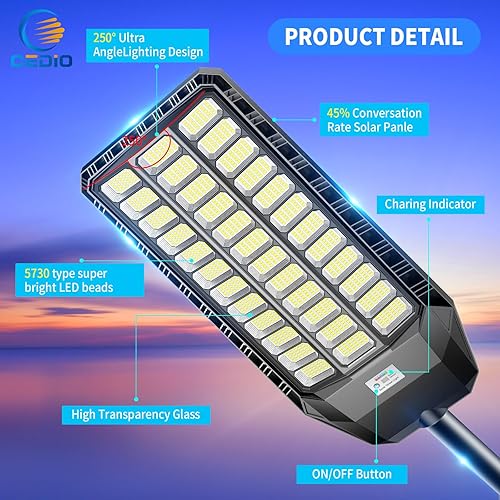 Miniatura 9 de CEDIO Farolas solares para exteriores, luces solares de estacionamiento de 6000 W, luz solar LED del atardecer al amanecer, 400000 lúmenes, luces