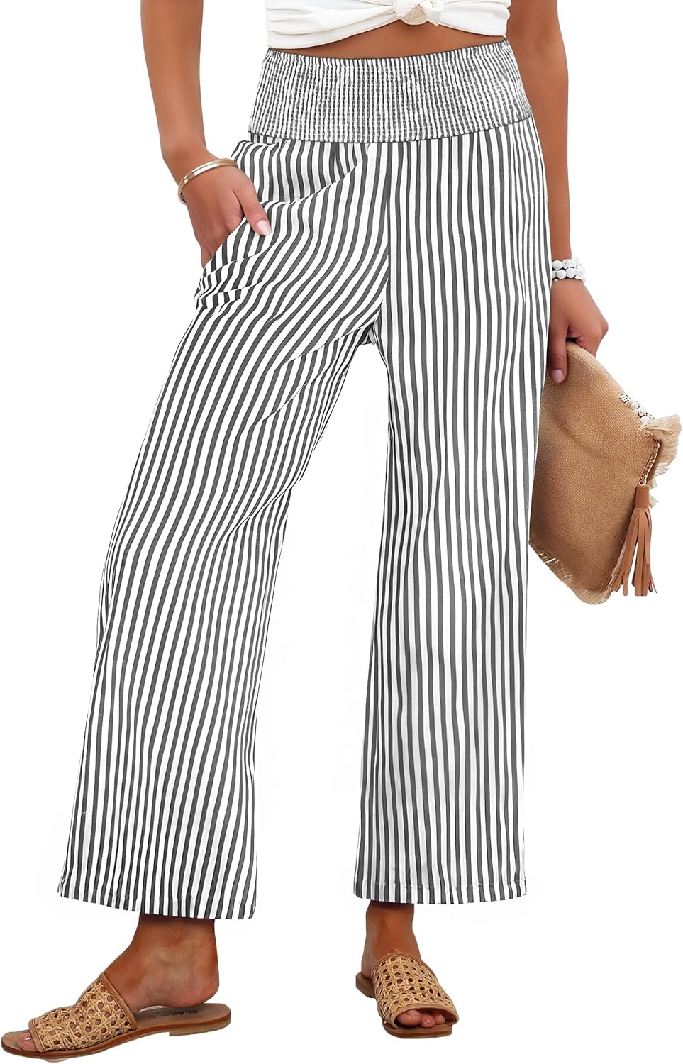 ANRABESS Women Striped Gingham Wide Leg Palazzo Pants Casual Lounge Cropped PJ Bottoms Comfy Cute Plaid Pants with Pockets
