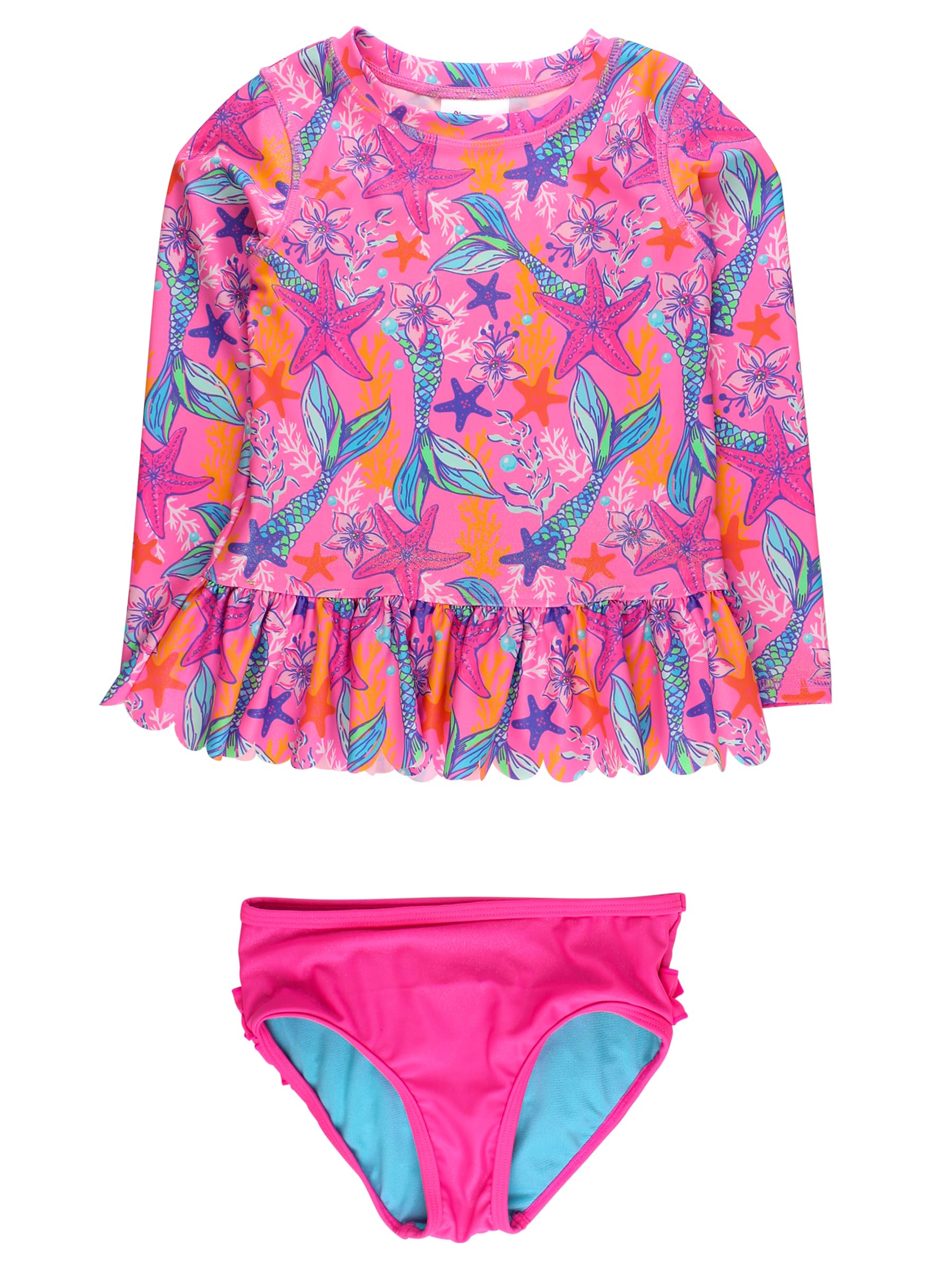 RuffleButts Girls Scalloped Long Sleeve - 2-Piece Rash Guard Swim UPF 50+
