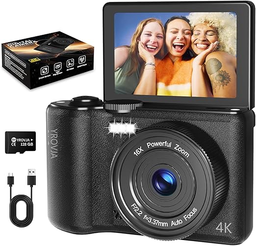 4K Digital Camera for Photography Autofocus, 2025 Latest 64MP Vlogging Camera for YouTube with 128G TF Card, 180°Flip Screen Compact Travel Camera for Teens with 16X Zoom, Anti-Shake,Black