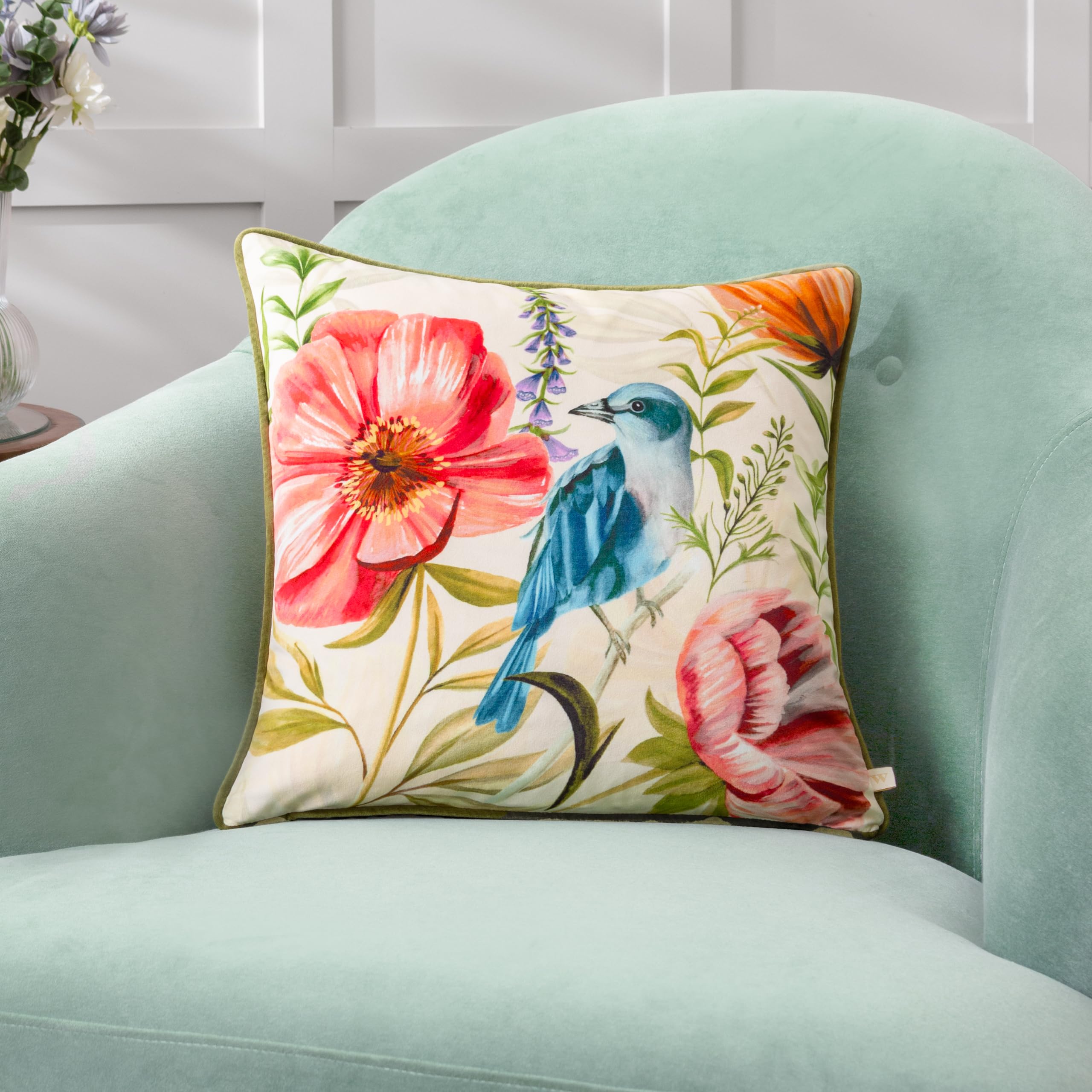 Wylder Unisex Multi Nectar Garden Bluebird Velvet Cushion 43Cm X 43Cm