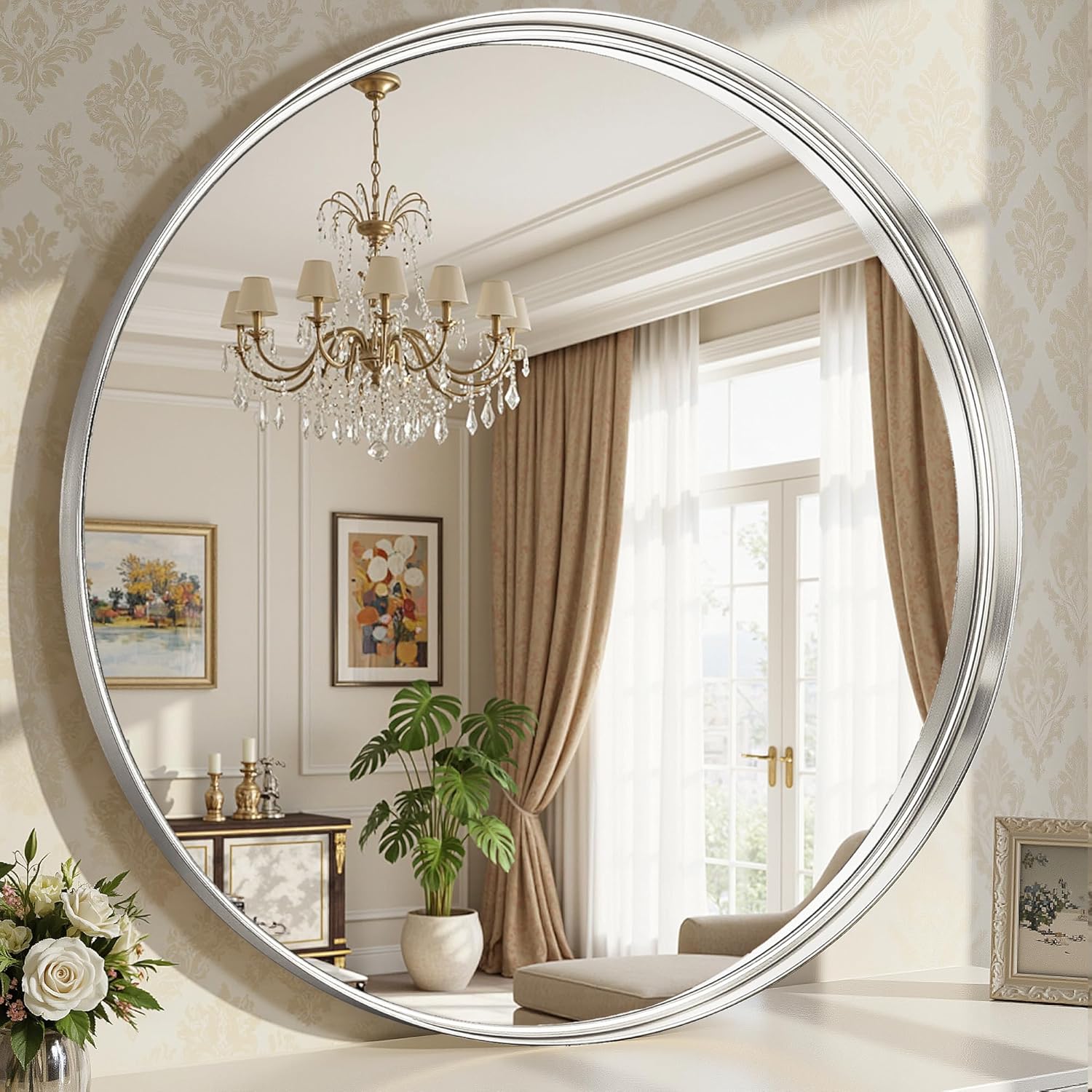 Round Bathroom Mirror, 30 Inch Silver Circle Mirror with Metal Deep Frame, Round Mirrors for Wall Decor, Vanity, Entryway, Living Room