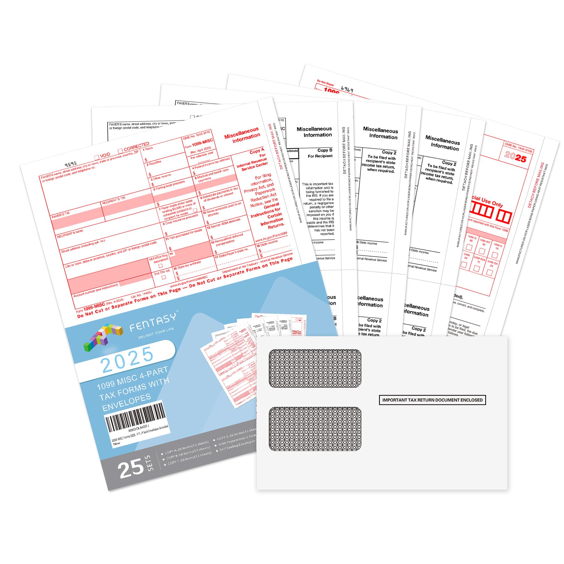Photo 1 of 1099 MISC Forms 2025, 4 Part Tax Forms Kit, 25 Vendor Kit of Laser Forms Designed for QuickBooks and Accounting Software, 25 Self Seal Envelopes Included