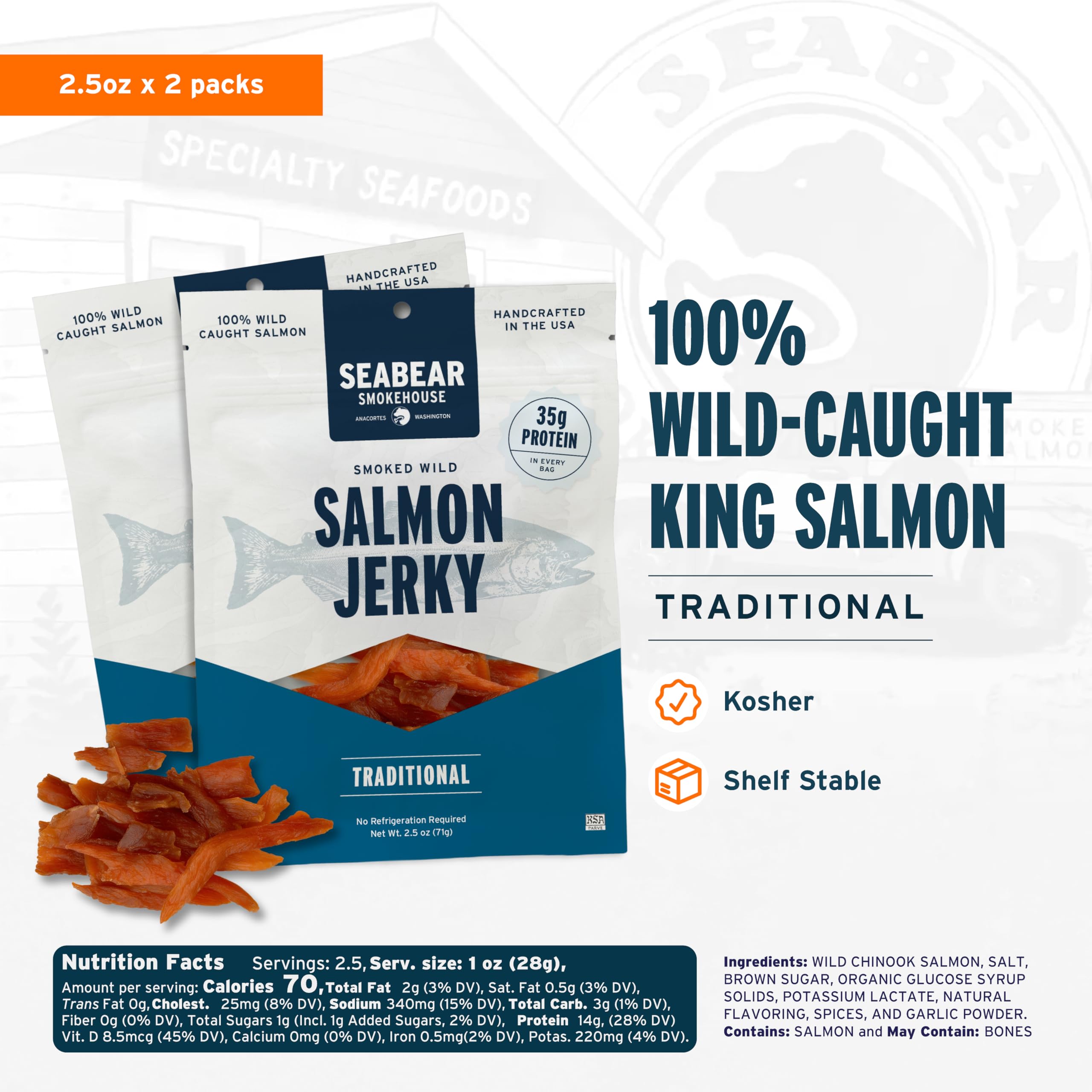 SeaBear Traditional Wild King Salmon Jerky 2-Pack - 2.5 oz Bags thumbnail 2