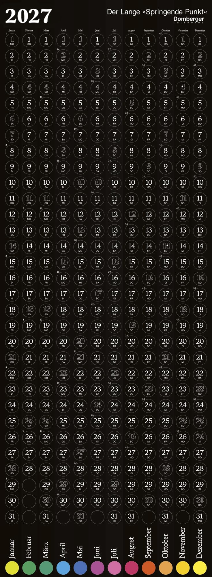 Der Lange Springende Punkt schwarz 2027: Design-Wandkalender 36x98 cm von Michael Domberger mit 365 gestanzten Punkten und Farbwechsel