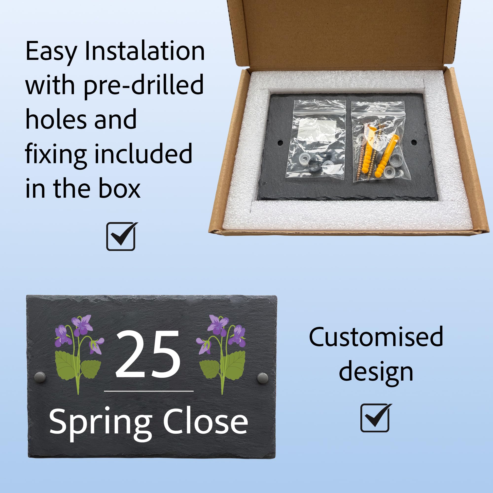 Rustic Slate House Sign, Custom Door Number Wall Plaque with Natural Farmhouse Floral Design, Includes Screws & Fixings - Image 3