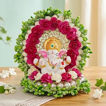 eCraftIndia Msgg630 Metal and Polyresin Lord Ganesha Idol On Decorative Handcrafted Green Floral Plate for Home and Car Green, Red, Golden and White, One Size