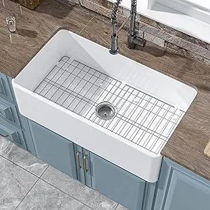 White Farmhouse Sink 33 x 18 Inch, Large Firecaly Apron Front Undermount Farm Sink Heavy Duty Single Bowl, with Custom Accessories 2 Types, Pure White, for Kitchen