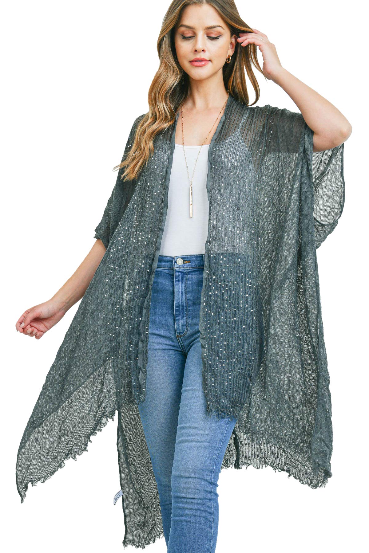 RIAH FASHION Bohemian Sequin Glitter Shawl Wrap Poncho - Kimono Cardigan, Sparkly Metallic Mesh Scarf, Open Knit Crochet
