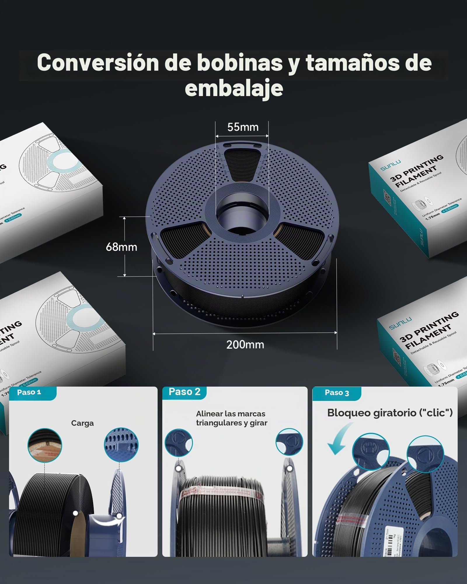SUNLU PETG Filament 1.75 mm, Filamento para Impresora 3D, Negro, Bobina de 1 kg