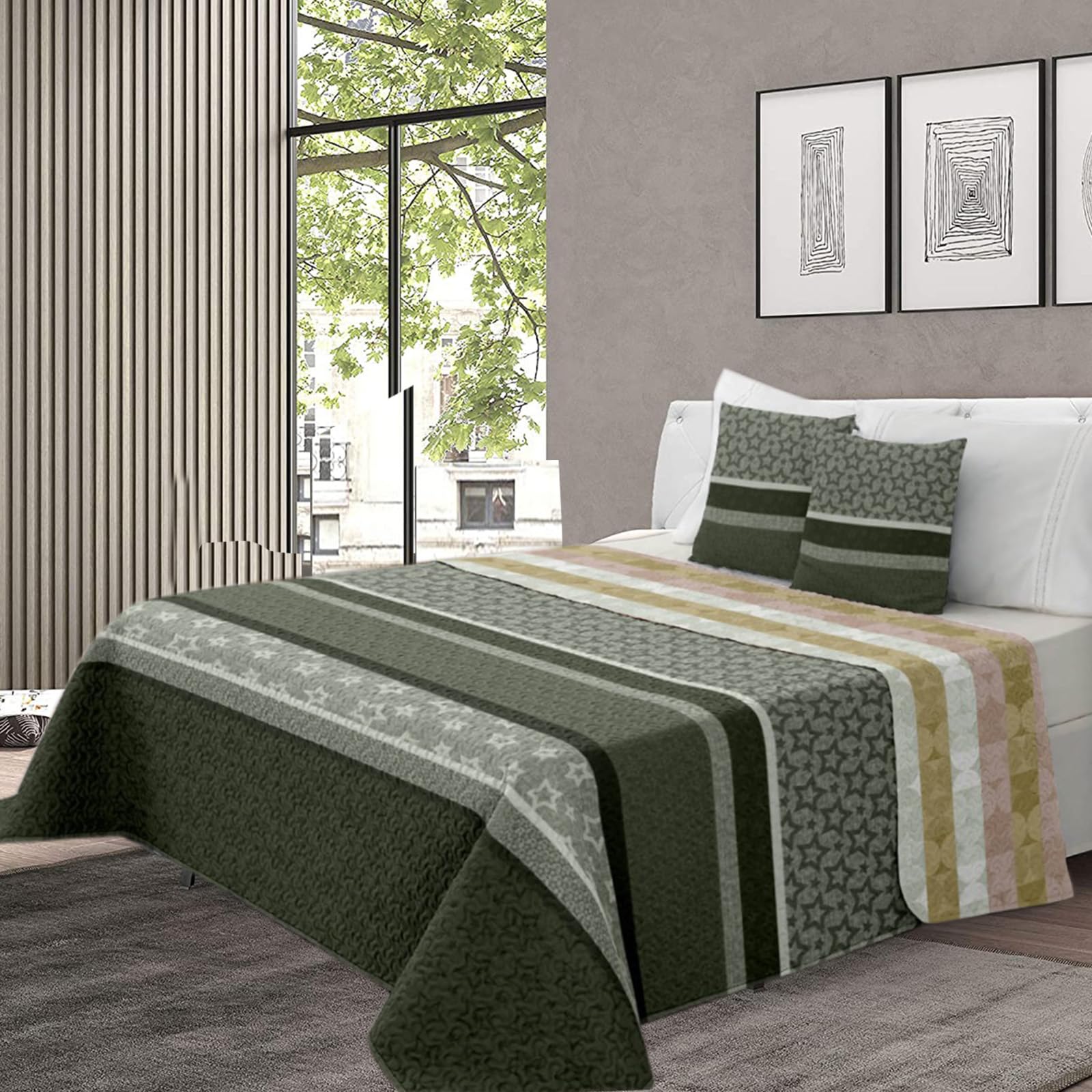 various - Colcha Bouti Estempada para Verano y Premivera,Reversible Color de Verde + 2 Funda Cojin 50x70 cm,Colcha Cubrecama Ligera Fina,Entretiempo 100% Poliéster. (Cama 150-250 x 260cm)