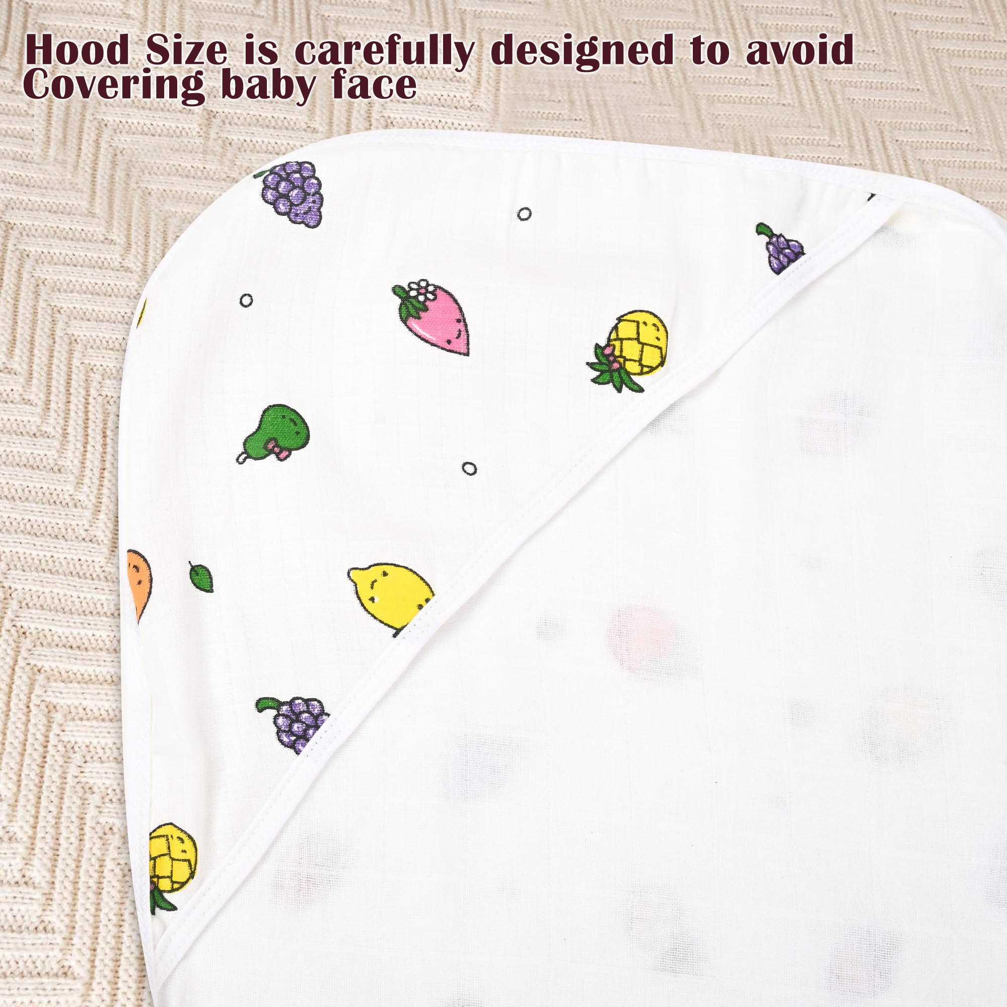 Urbane Home Pack of 2 Soft & Absorbant Cotton Hooded Towels for New Born Baby | Wrapping Bath Towel for 0-12 Months | 83x83 cm | Fruit Print-White 3