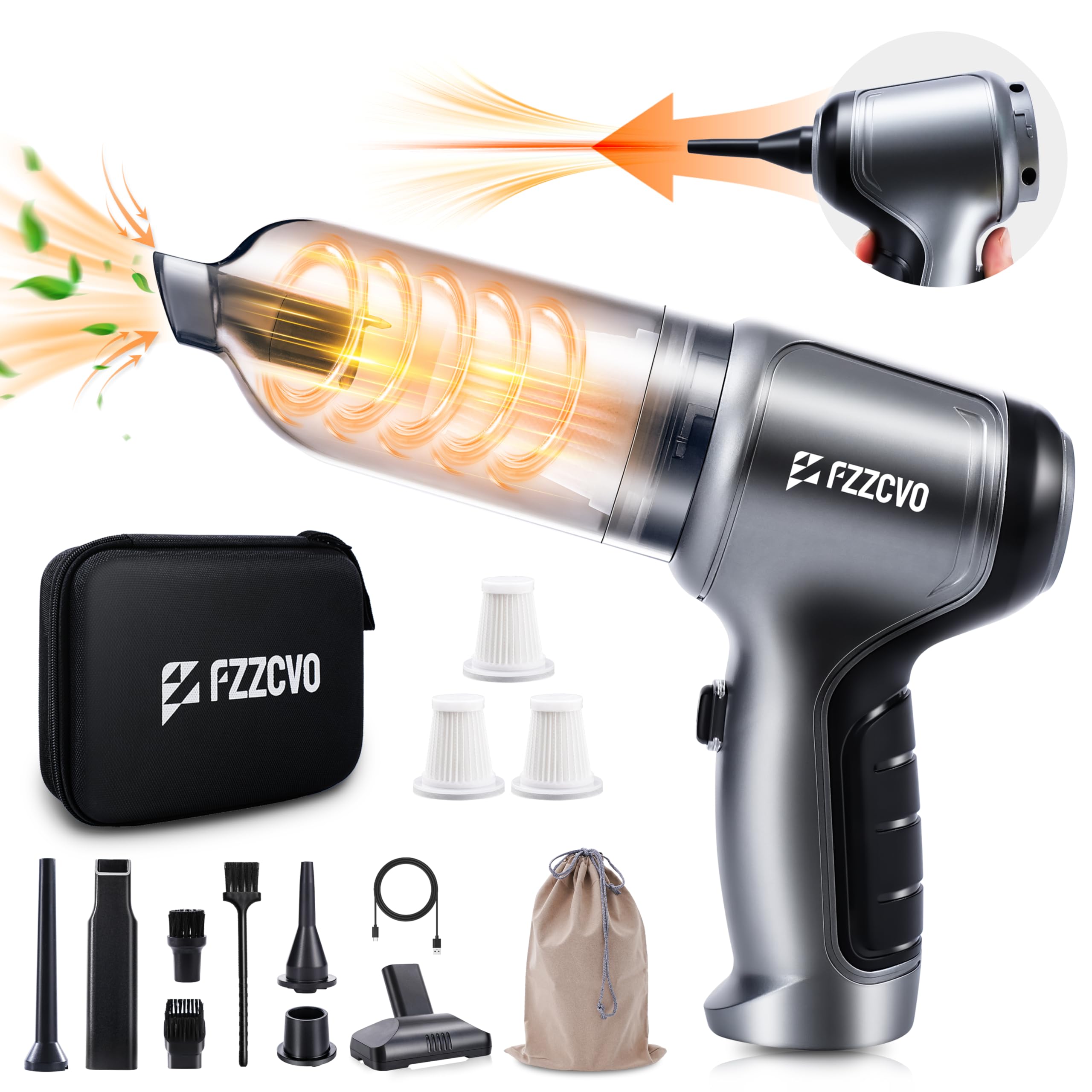 Fzzcvo 4-in-1 Cordless Handheld Vacuum Cleaner with 15000Pa Suction Power and Type-C Rechargeable - Ideal for Cars, Homes, Pets and Offices